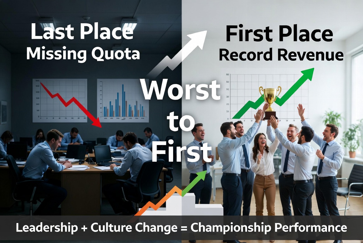 Split-image motivational graphic showing a sales team transforming from struggling and missing quota (dark left side) to celebrating record success with trophy and rising revenue (bright right side). Large "Worst to First" text in the center with the message "Leadership + Culture Change = Championship Performance" at the bottom. Ideal visual for sales leadership article.